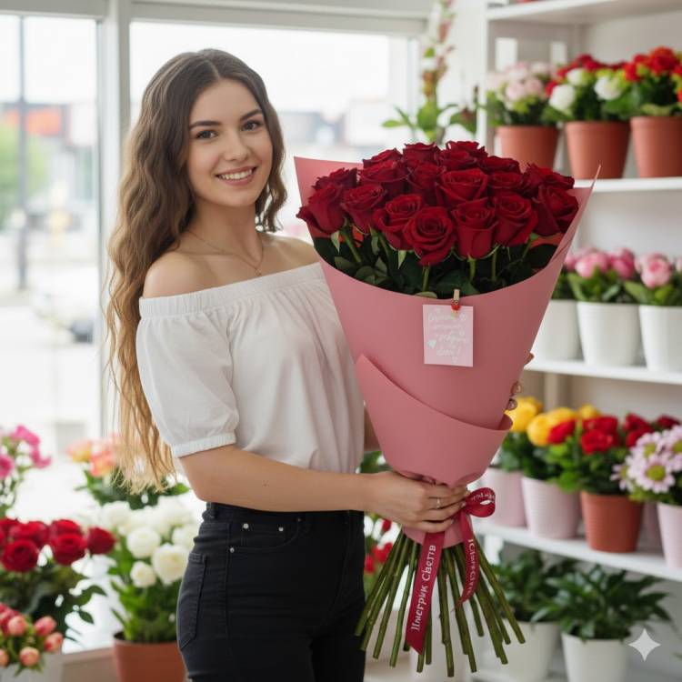 Монобукет из 25 красных роз в стильной упаковке Монобукет из 25 красных роз в стильной упаковке