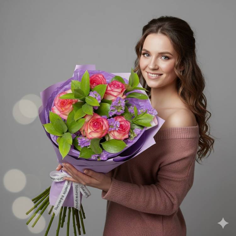 Букет с розовыми розами, рускусом и статицей