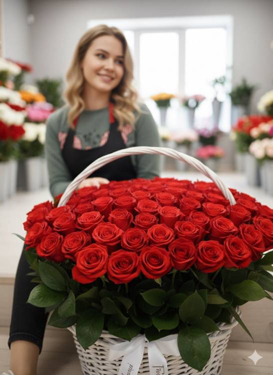 Белая корзинка с 51 красной розой