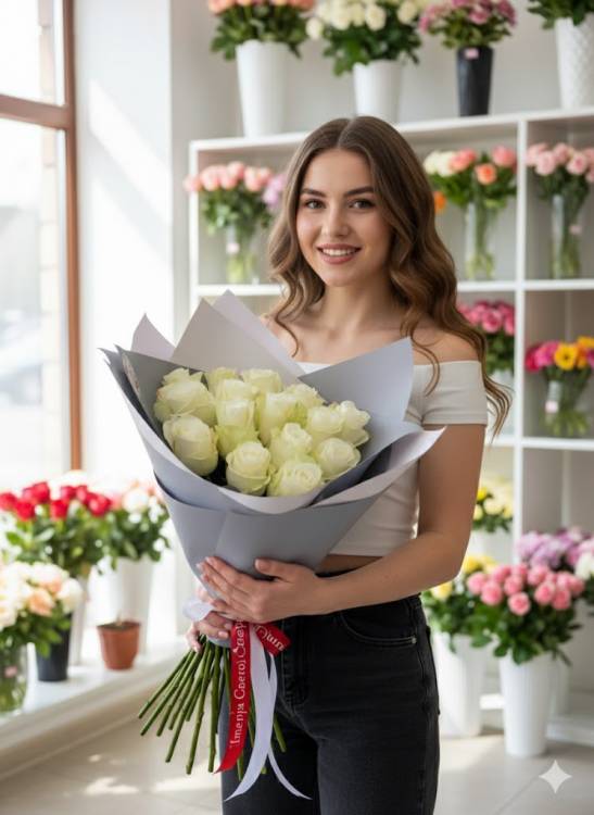 Букет из 15 белых роз 70 см Букет из 15 белых роз 70 см