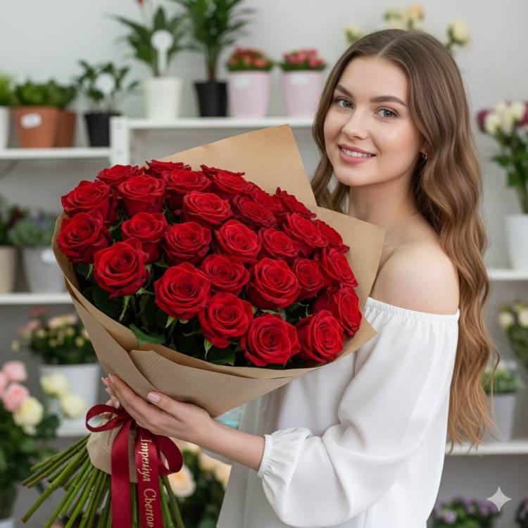 Букет из 15 красных роз в крафт-упаковке Букет из 15 красных роз в крафт-упаковке