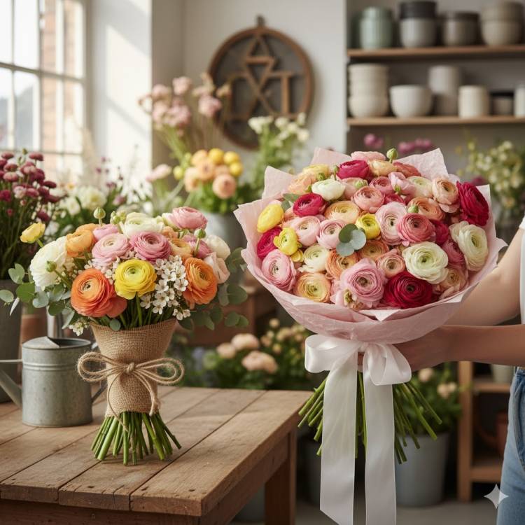 Букет из ранункулюсов "Цветочное изобилие" Букет из ранункулюсов "Цветочное изобилие"