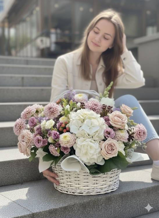 Букет с георгинами "Пудра"