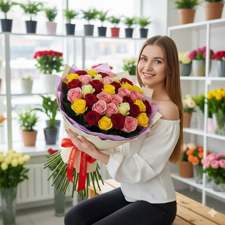 Букет из 15 микс роз 60 см Букет из 15 микс роз 60 см